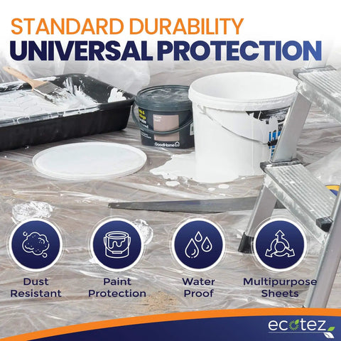 6 Pack 12x9 Ft Extra Large Plastic Drop Cloth for Painting, showing tarp cover on floor protecting furniture and tools.