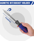 Hand holding magnetic bit from 61 Piece Magnetic Screwdriver Bits And Nut Driver Set With Organizer Bag For Home Improvement DIY Tools Kit