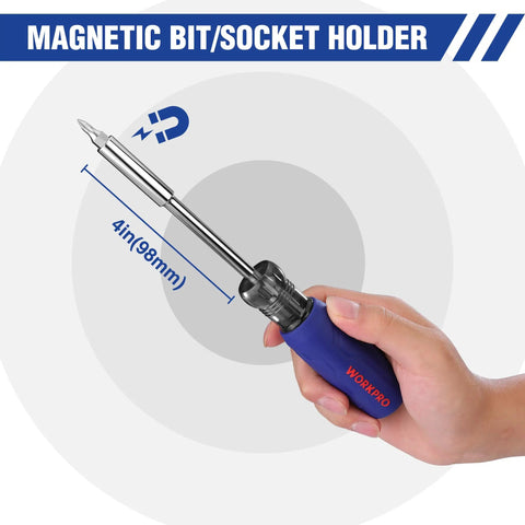 Hand holding magnetic bit from 61 Piece Magnetic Screwdriver Bits And Nut Driver Set With Organizer Bag For Home Improvement DIY Tools Kit