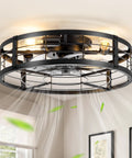 20 Inch Caged Ceiling Fan With Light And Remote, Low Profile Flush Mount Fandelier In Black shown installed in room
