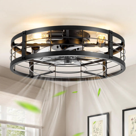 20 Inch Caged Ceiling Fan With Light And Remote, Low Profile Flush Mount Fandelier In Black shown installed in room