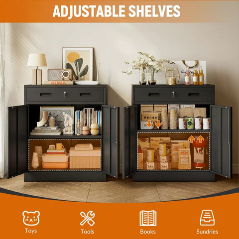Beefy Heavy Duty Metal Storage Cabinet With One Drawer And Adjustable Shelf For Garage Office Or Home Locking Short Cabinet In Black Built To Last For Tools And Gear 36 Inch H By 27.5 Inch W By 16 Inch D shown with open doors displaying toy storage and decorations.