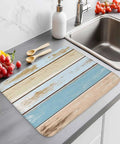 Wood Grain Blue Beige Dish Drying Mats 2 Pack For Kitchen Counter 18x24 Inches Vintage Farm Microfiber on countertop