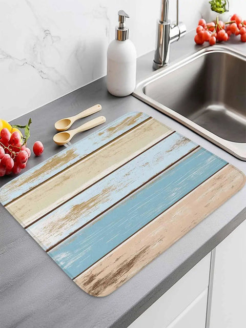 Wood Grain Blue Beige Dish Drying Mats 2 Pack For Kitchen Counter 18x24 Inches Vintage Farm Microfiber on countertop