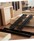 2 Sets Bottom Mount Drawer Slides Iron Soft Close Cabinet Rails For Kitchen Dresser Office Heavy Duty Glide Hardware With Smooth Quiet Operation Durable Steel Construction For Long Lasting Use With Quiet Smooth Glide System, black steel rails on wooden drawer