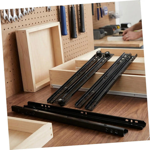 2 Sets Bottom Mount Drawer Slides Iron Soft Close Cabinet Rails For Kitchen Dresser Office Heavy Duty Glide Hardware With Smooth Quiet Operation Durable Steel Construction For Long Lasting Use With Quiet Smooth Glide System, black steel rails on wooden drawer