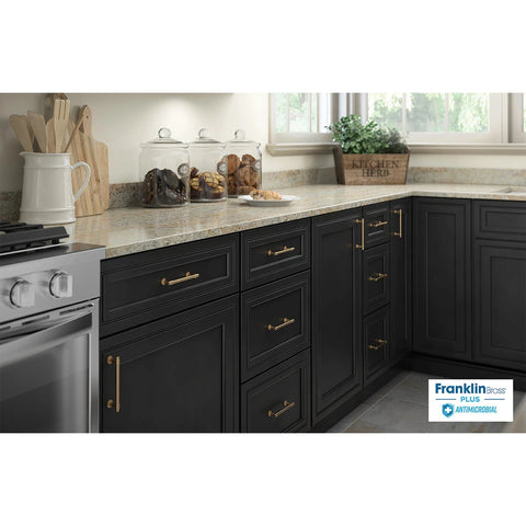 Kitchen with black cabinets featuring Champagne Bronze Cabinet Handles 5 Pack, 4 Inch Center To Center Drawer Pulls.