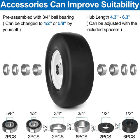 Flat Free 13x5 Front Lawn Mower Tires And Wheels For Zero Turn Mowers Smooth Tread 13x5x6 Bore with adapter set