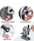 Premium Quality Hella Durable 1 Ton Manual Arbor Press With Comfort Grip Handwheel For Precision Metal Stamping And Heavy Duty Bending showing adjustment features.