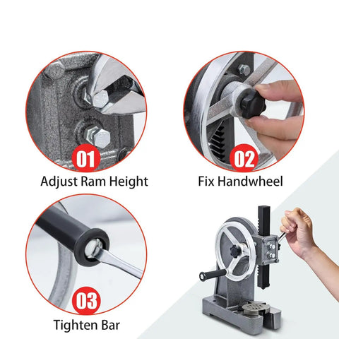 Premium Quality Hella Durable 1 Ton Manual Arbor Press With Comfort Grip Handwheel For Precision Metal Stamping And Heavy Duty Bending showing adjustment features.