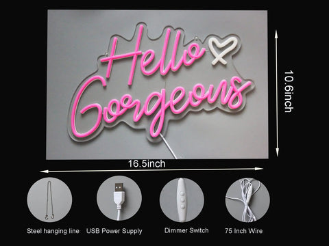Pink LED Neon Sign Hello Gorgeous For Home Decor And Party Backdrops, Dimmable 5V Neon Light, 16.5x10.6 inches, USB Powered
