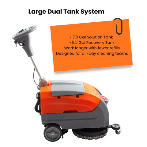 Side view of Beast 17 Inch Walk Behind Floor Scrubber Machine With 19,000 Sq Ft Per Hour Cleaning Power, Fast 2.5 Hour Charge, Up To 2.5 Hour Run Time, 7.9 To 9.2 Gallon Tanks, Commercial Hard Floor Cleaner For Busy Floors