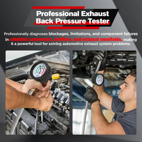 Exhaust Back Pressure Tester Kit With 6ft Stainless Steel Hose And Quick Connector For Diesel Trucks SUVs Vans Pro Grade Exhaust Back Pressure Gauge With M12 And M18 Adapters Easy One Hand Setup in use