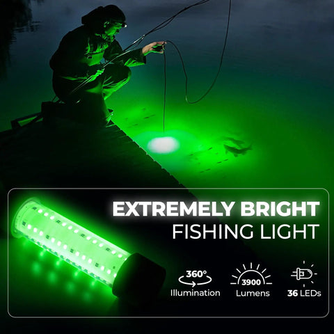 Green Underwater Fishing Light For Night Angling, Submersible IP68 LED Glow 3900 Lumens, 12V 30W With 33 Ft Cable And Battery Clamps