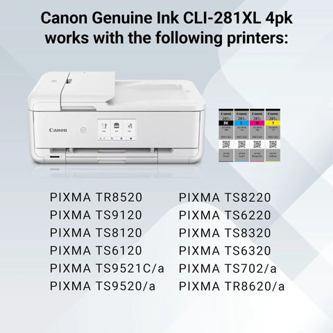 Compatible Canon printer and XL Four Color Dye Based Ink Value Pack Black Cyan Magenta Yellow for all-in-one printers listed.