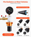 Universal Radiator Vacuum Refill Kit With Precision Gauge And Steel Tool Chest For Zero Hassle Cooling System Bleeding And Quick Coolant Fill Ups On Cars Trucks Vans Suv showing gauge and tapered adapter with four adapter sleeves.