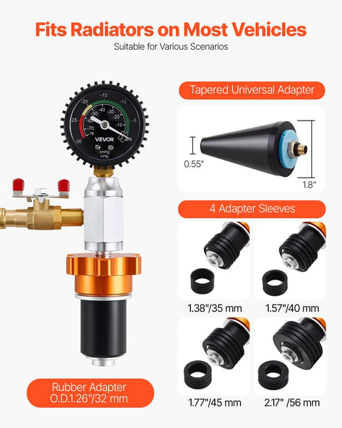 Universal Radiator Vacuum Refill Kit With Precision Gauge And Steel Tool Chest For Zero Hassle Cooling System Bleeding And Quick Coolant Fill Ups On Cars Trucks Vans Suv showing gauge and tapered adapter with four adapter sleeves.