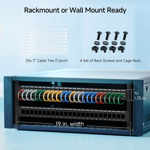 Rackmount Or Wall Mount 1U 24 Port Keystone Patch Panel With Cable Management And Support Bar, 19 Inch Blank Patch Panel With Accessories