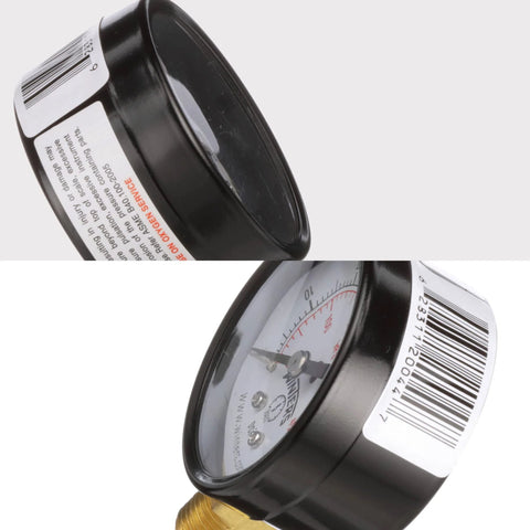 Winters 2-inch dial pressure gauge with brass internals, black steel case, dual 0-100 psi/kPa, 1/4 in NPT bottom mount