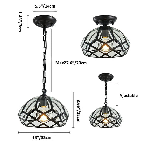 Vintage Copper Diamond Flush Mount Ceiling Light With Glass Diamond Shade Oil Rubbed Bronze Finish Retro Modern 2 In 1 Pendant Fixture For Bedroom Living Room Kitchen Island Hallway And Entryway showing size and adjustable features.