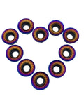 10 Pack RPMT1204 MOE-JS Lathe Turning Inserts with nano quenched blue coating arranged in a heart shape on a white background