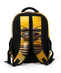 Golden Floral Bee Printed Unisex Backpack with large capacity, showing adjustable shoulder straps and bee design on polyester fabric.