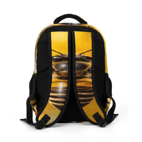 Golden Floral Bee Printed Unisex Backpack with large capacity, showing adjustable shoulder straps and bee design on polyester fabric.