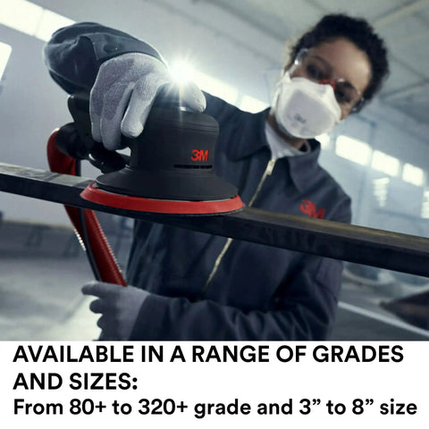 User wearing mask using 3M orbital sander with Xtract Net Disc 710W 6 Inch Hook And Loop Sanding Discs Pack Of 50 Virtually Dust Free