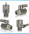 WEYASU stainless steel shower shut-off valve with lever, 1/2-in NPT thread; four-view collage showing front and side angles.