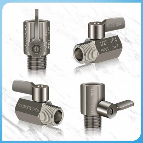 WEYASU stainless steel shower shut-off valve with lever, 1/2-in NPT thread; four-view collage showing front and side angles.