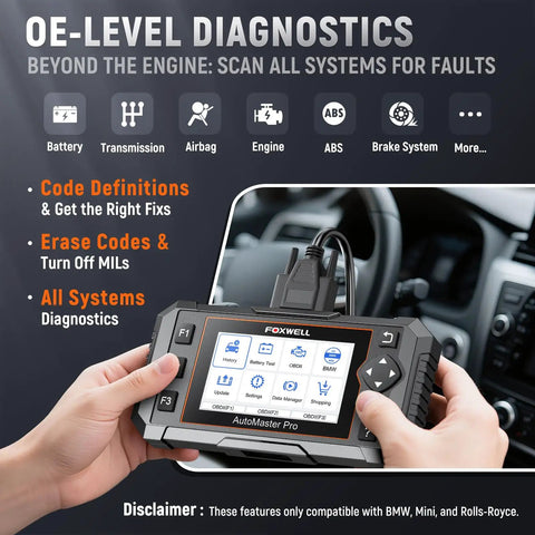 Hands holding 2-In-1 BMW Diagnostic Scanner And 12V Battery Tester, displaying full system bidirectional scan features in a car.