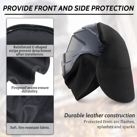 Two Pack Welding Helmet Cover And Bib Set with Extended Seal for Full Protection Flame Resistant Fabric shown installed.