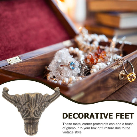 Eight-Piece Zinc Alloy Antique Box Feet For Jewelry Boxes And Vintage Furniture displayed with wooden box and jewelry inside.
