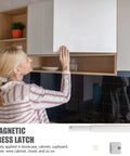 Upgrade Your Cupboards With These Durable White Plastic Rebounders For Easy Push To Open, shows a woman using a cabinet door catch.