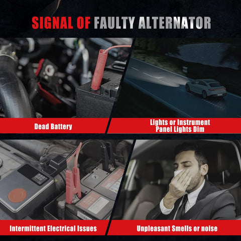 Signs of faulty alternator with dead battery, dim lights, intermittent issues, and unpleasant smells or noise in car.