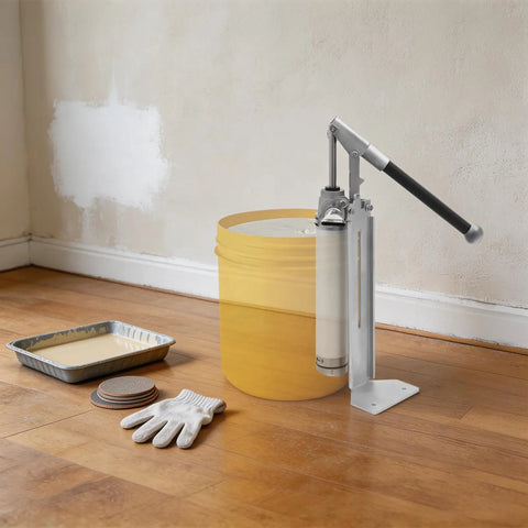 Heavy Duty Manual Loading Paste Pump With 15 Inch Handle And Stable Aluminum L Base For Thick Liquids beside a yellow bucket in home setting.