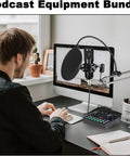 Two Mic Podcast Studio Bundle With All In One Sound Card Dual Condenser Mics Boom Arm Clips And A Voice Changer For Podcasting