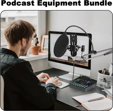 Two Mic Podcast Studio Bundle With All In One Sound Card Dual Condenser Mics Boom Arm Clips And A Voice Changer For Podcasting