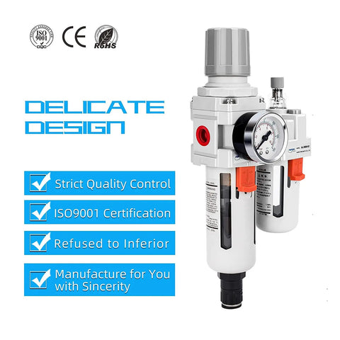 Three Eighths Inch NPT Auto Drain Air Filter Regulator Lubricator FRL Heavy Duty Combo With Water Oil Trap Separator Gauge