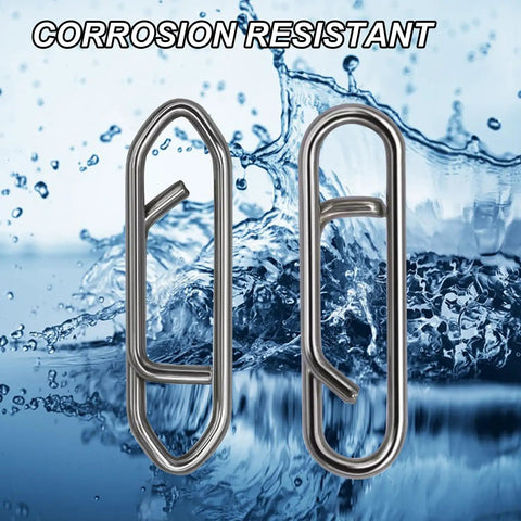 Pro Grade Fishing Power Clips 200 Pack Quick Change Stainless Steel Lure Connectors against water splash background