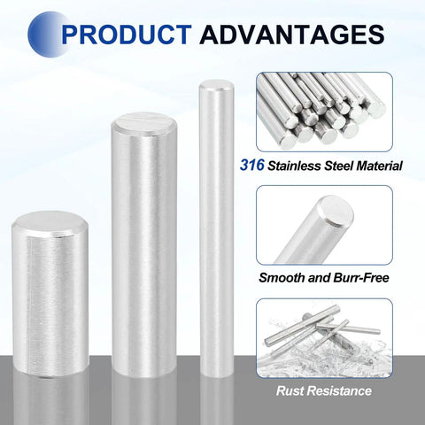 Rock Solid 316 Stainless Steel Dowel Pins Plus Hella Tough Cylindrical Shelf Support Pegs for Machine Building and Furniture Assembly, showcasing smooth finish.