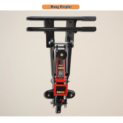 Heavy Duty Steel Floor Jack Holder And Jack Stand Wall Mount Hook Rack In Black Electroplate Must Have Space Saving Garage Organizer For Two Piece Jack Handles With Easy Access And Secure Storage displayed on wall