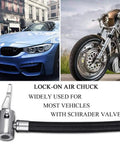 Heavy Duty Tire Inflator Hose Adapter with twist on to lock on connection for cars and motorcycles, Schrader valve compatible.