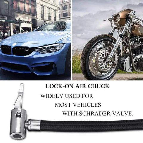 Heavy Duty Tire Inflator Hose Adapter with twist on to lock on connection for cars and motorcycles, Schrader valve compatible.