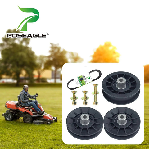 2 Pack Heavy Duty Idler Pulleys And Belt Replacement Kit 532194326 532194327 with lawn tractor and Poseagle logo
