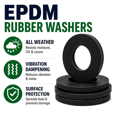 Non Conductive EPDM Rubber Fender Washers 1/4 Inch ID by 1-1/2 Inch OD, 1/16 Inch Thick, stacked with feature icons.