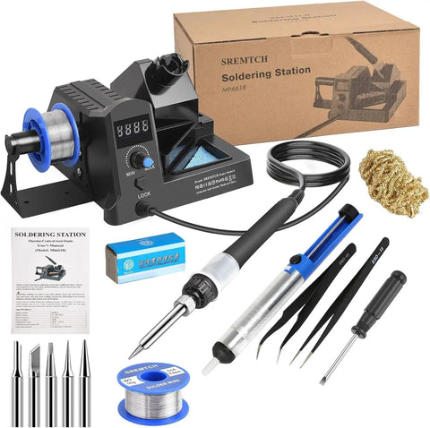 All In One 100W Soldering Station Kit with Digital Display and accessories including iron tips, tweezers, and solder sucker