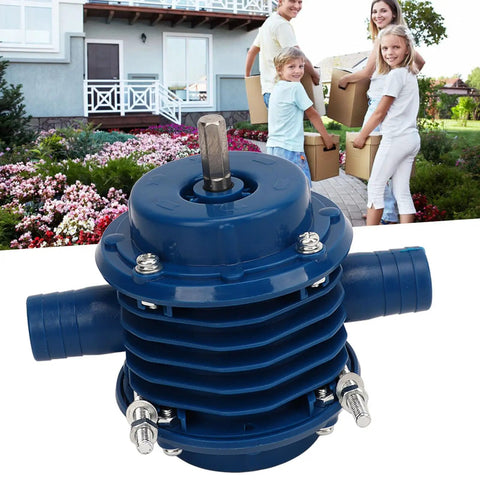 Mini Self Priming Hand Drill Water Transfer Pump Constructed From Tough As Nails Engineering Plastic For Zero Fuss Water Pumping And Smooth Tank Draining against a family carrying boxes.