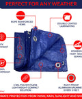 Heavy Duty 50X50 Foot Waterproof Tarpaulin Tarp Cover 5 Mil Thick Blue Backyard Ready Multipurpose Outdoor Shelter With Aluminum Grommets Rot Resistant UV Protected Weatherproof For Cars Furniture Boats Tools And More showing features