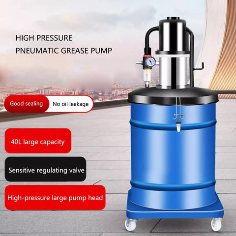 Portable Grease Pump With Oil Water Separator And Explosion Proof Tubing 80 to 1 Air Operated Lubrication Gun For 5 Gallon Drums 0.85 L/min featuring a blue 40L capacity grease pump with a high-pressure design.
